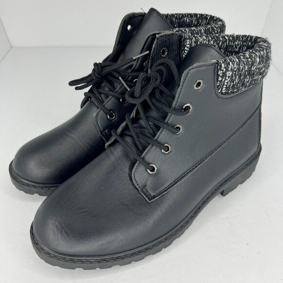 Womens 430001128173 Black Leather Boots Lace Up Mid Top Round Toe Block Size 10 - Picture 1 of 9